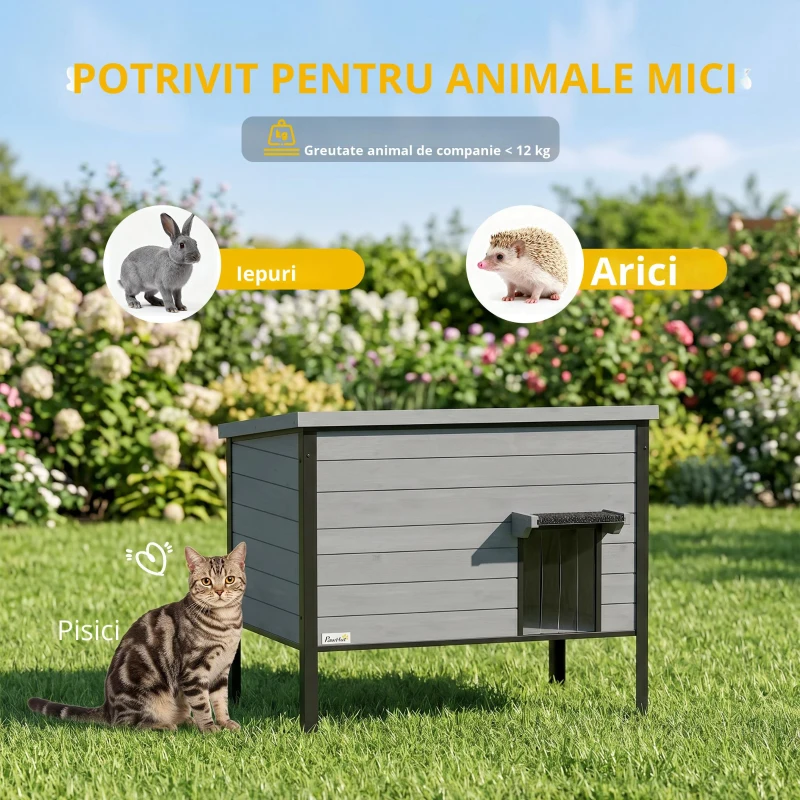 PawHut Căsuță rezistentă la intemperii cu acoperiș rabatabil, podea detașabilă și intrare pentru 1-2 pisici până la 12 kg 85x55x70 cm gri deschis
