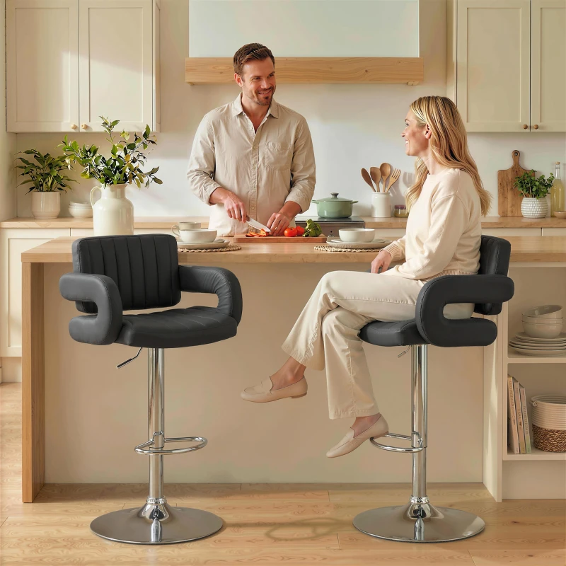 HOMCOM Bar Stools Adjustable Swivel Kitchen Chairs with Backrest Armrest Set of 2 PU Leather Black