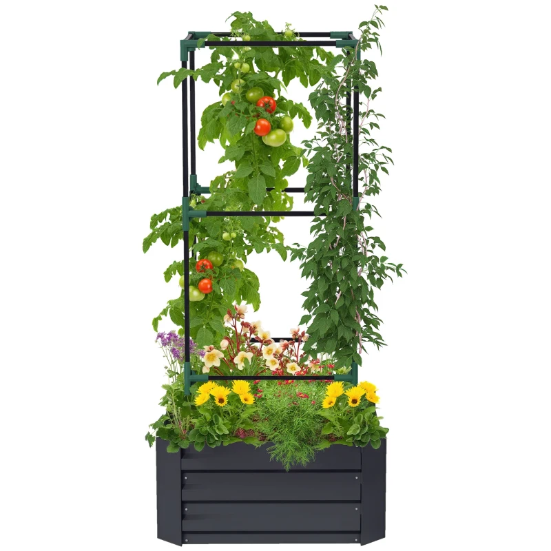 Outsunny Hochbeet mit Rankgitter Pflankasten mit Rankhilfe, offener Boden, wetterbeständig, 61 cm x 61 cm x 140 cm, Dunkelgrau