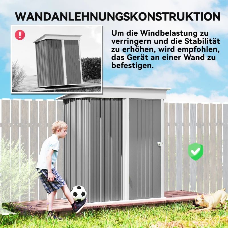 Outsunny Tuinschuur, buiten-gereedschapsschuur van golfstaal, wandontwerp, verstelbare planken, afsluitbare deur, grijs