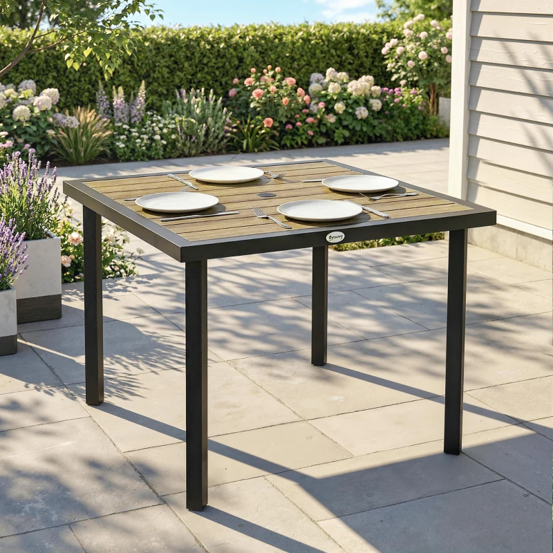 Outsunny Square Garden Dining Table with 5.4cm Parasol Hole, Slatted Top, Metal Frame, 86 x 86 x 71cm, Brown