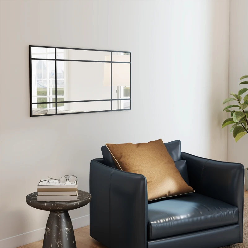 HOMCOM Miroir mural verrière rectangulaire style fenêtre, horizontal ou vertical avec 4 crochets, en métal noir - 110x50 cm