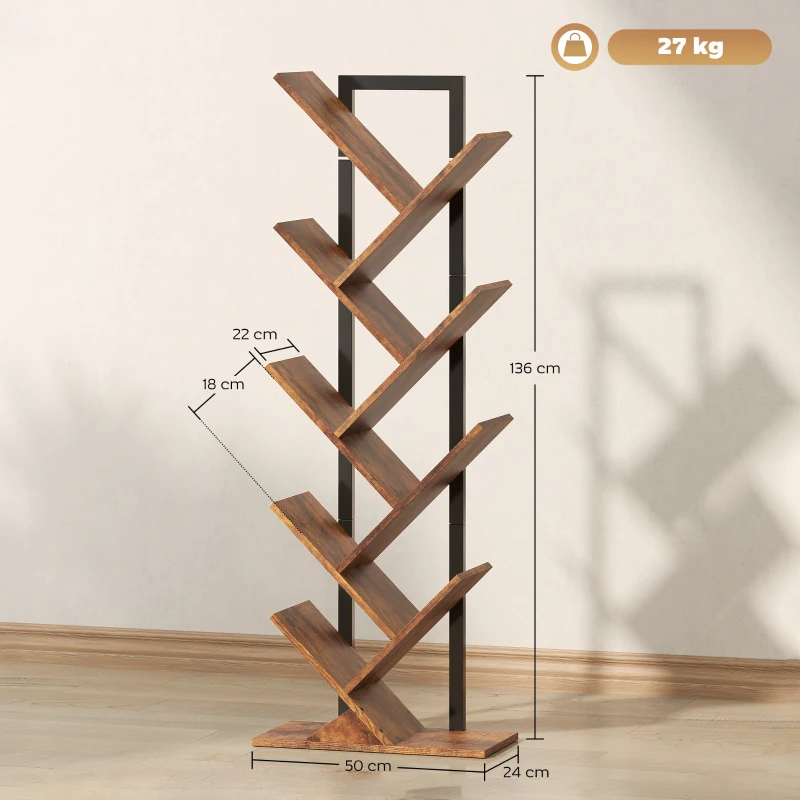 HOMCOM Bibliothèque Arbre à 9 Niveaux, Meuble de Rangement Industriel avec Cadre en Acier, 50x24x136cm, Brun Rustique