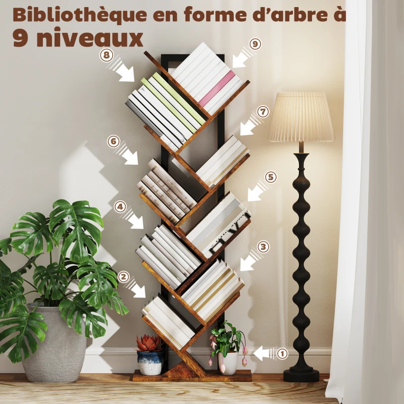 HOMCOM Bibliothèque Arbre à 9 Niveaux, Meuble de Rangement Industriel avec Cadre en Acier, 50x24x136cm, Brun Rustique