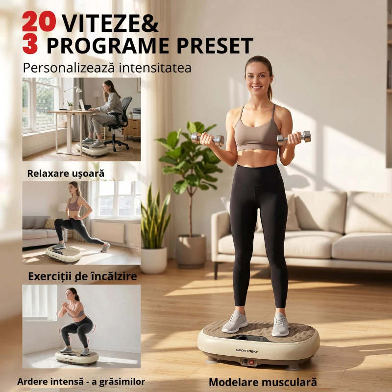 SPORTNOW Platformă vibratorie cu 20 de niveluri de viteză 3 programe ecran LED telecomandă pentru exerciții acasă