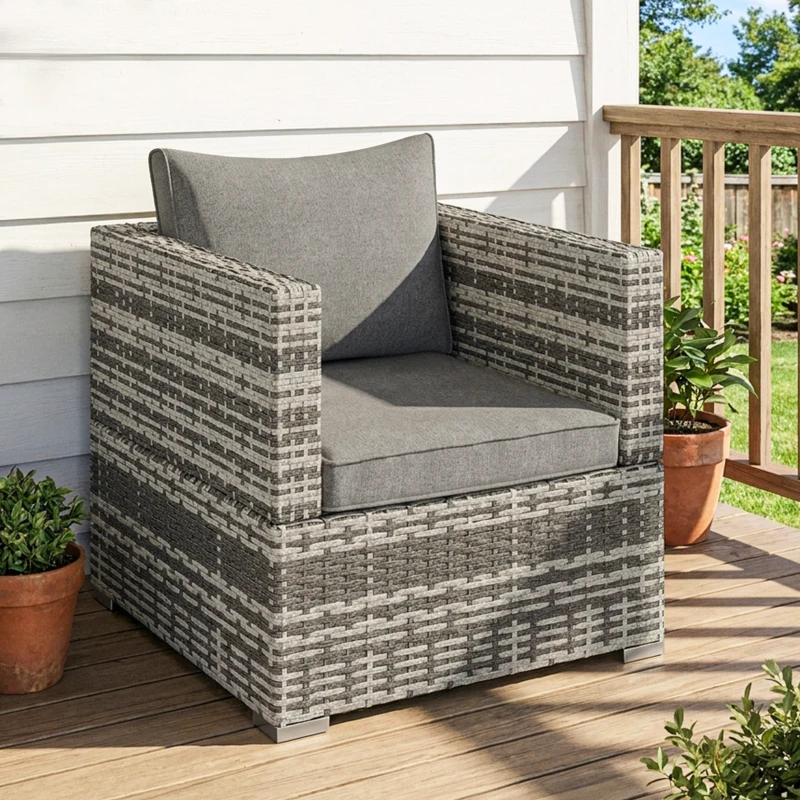Outsunny Single Seater Rattan Chair Sofa with Padded Cushions, All-Weather PE Wicker Weave Garden Armchair with Armrests, Grey