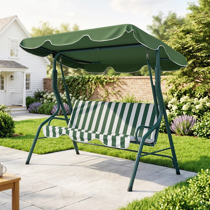 Outsunny 3-Sitzer Hollywoodschaukel Gartenliege Schaukelbank, wetterbeständig, 172 cm x 110 cm x 153 cm, Grün + Weiß