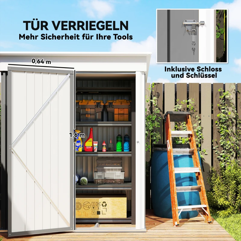 Outsunny Tuinschuur, buiten-gereedschapsschuur van golfstaal, wandontwerp, verstelbare planken, afsluitbare deur, grijs