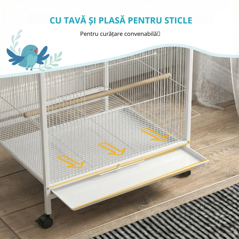 PawHut Colivie pentru Păsări cu Roți cu Hrănitoare Perchii Leagăn și Tăviță Detașabilă 48x46x78 cm Alb