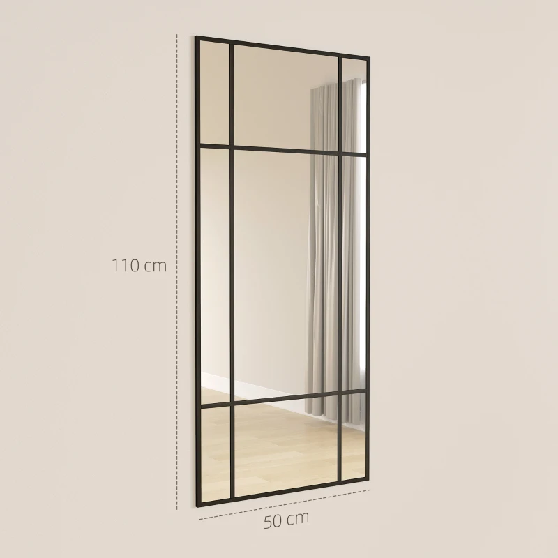 HOMCOM Miroir mural verrière rectangulaire style fenêtre, horizontal ou vertical avec 4 crochets, en métal noir - 110x50 cm