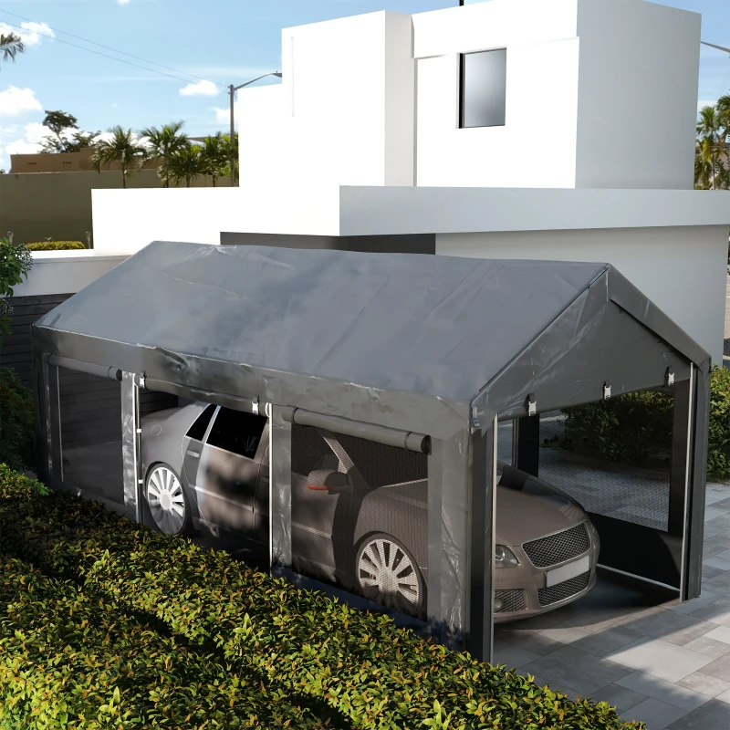Outsunny Gazebo per Auto e Feste con Altezza Regolabile, 4 Porte e 4 Finestre, 6x3m Grigio Scuro