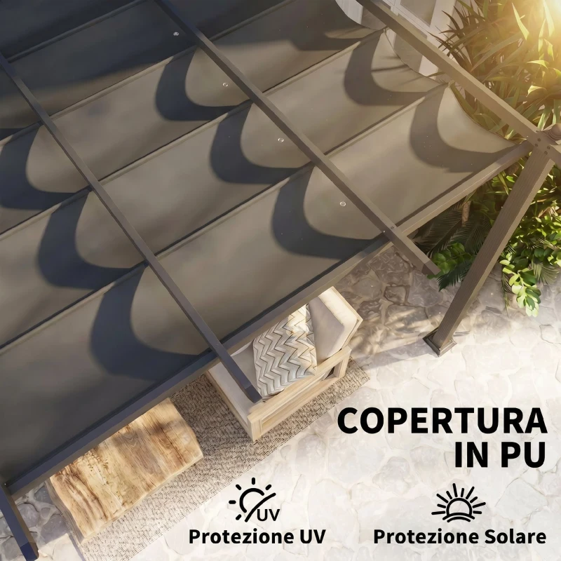 Outsunny Pergola Gazebo 4x3 m con 8 Fori di Drenaggio, in Alluminio, Metallo e Poliestere, Grigio Scuro