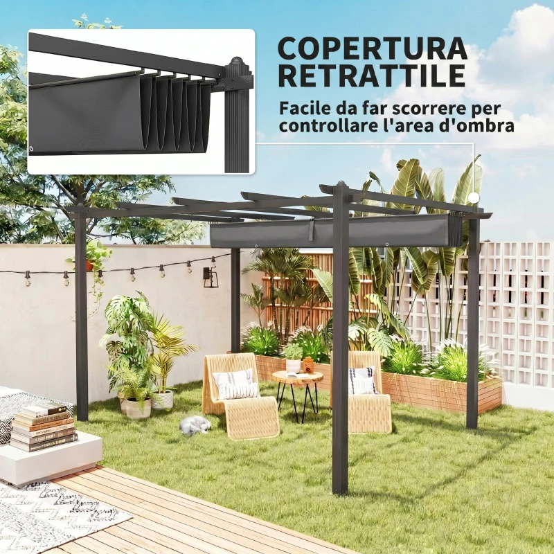 Outsunny Pergola Gazebo 4x3 m con 8 Fori di Drenaggio, in Alluminio, Metallo e Poliestere, Grigio Scuro