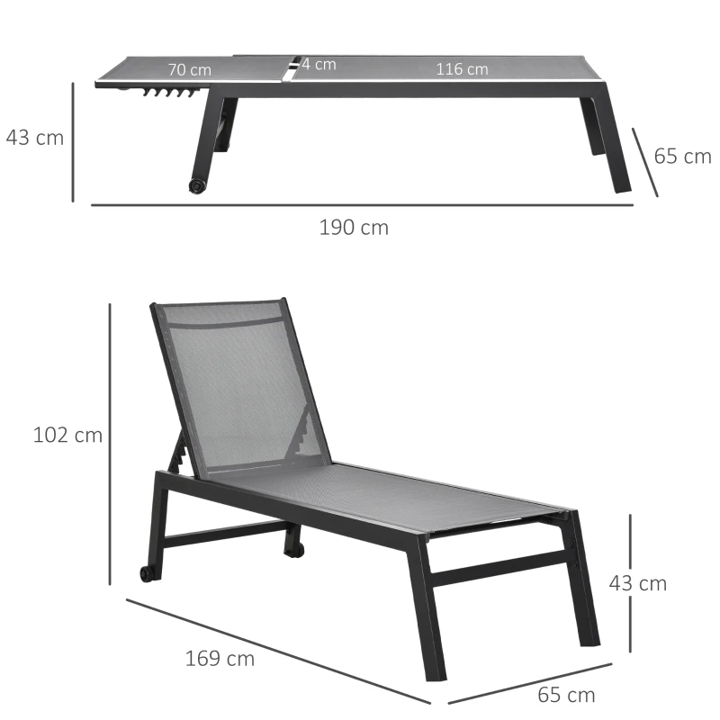 Outsunny Sonnenliege, Gartenliege, 5-stufige Rückenlehne, Aluminium, Grau, 202 x 65 x 43 cm