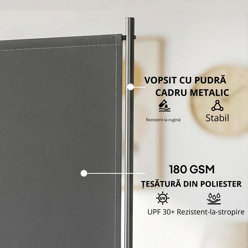 Outsunny Paravan pliabil cu 3 panouri 260x180 cm Paravan separator de încăperi cu suport metalic UPF 30+ Gri închis