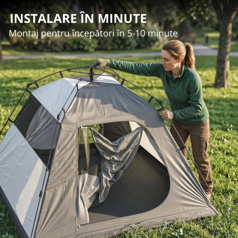 Outsunny Cort camping 2 persoane 3000 mm impermeabil & rezistent la vânt, cort cupolă cu 2 uși, 2 ferestre cu plasă, 2 ferestre laterale, husă de transport