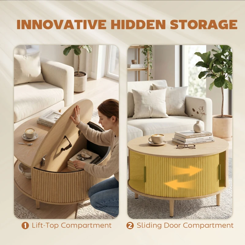 HOMCOM Coffee Table with Lift Top and Hidden Storage, Round Centre Table with Fluted Sliding Door, 80 cm, Natural Wood