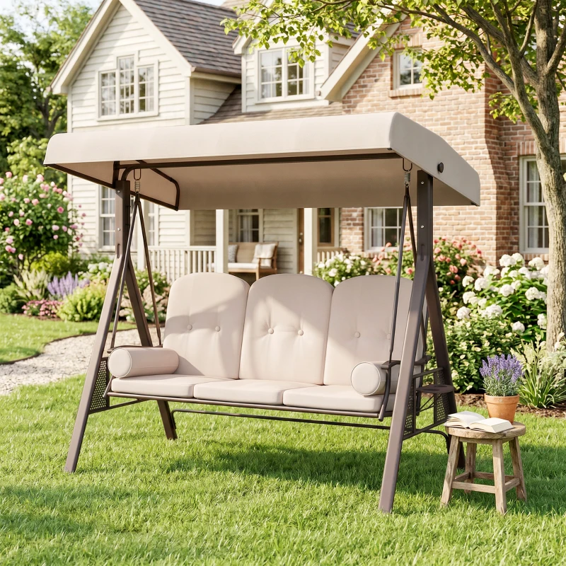 Outsunny Balancelle de Jardin 3 Places Grand Confort Toit Inclinaison réglable Coussins Plateaux rétractables 121x208x172cm beige