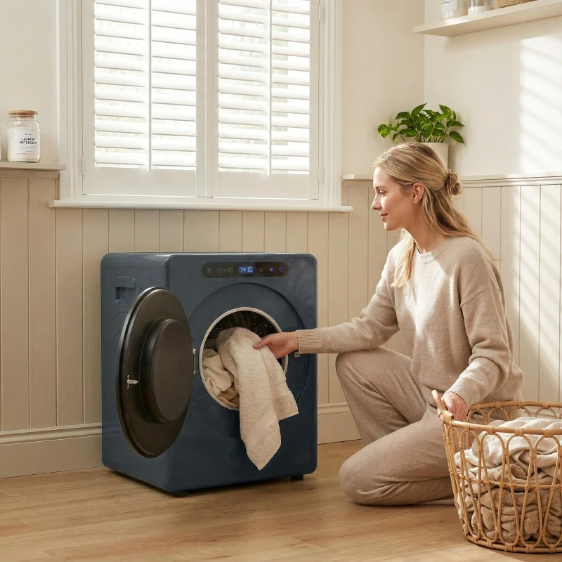 HOMCOM Uscător cu evacuare 5kg, 1000W uscător frontal compact independent cu tambur din oțel inoxidabil, timer, albastru