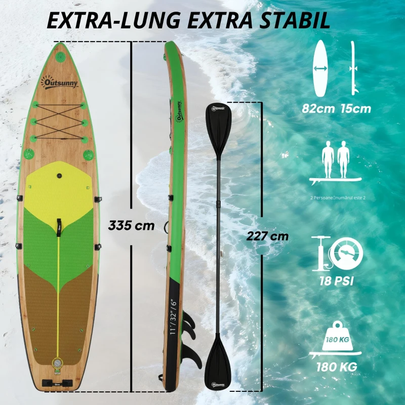 Outsunny Placă Paddle Surf Gonflabilă SUP Extra Lungă de 335 cm cu Scaun Vâslă Convertibilă Aripioare Pompă și Rucsac Capacitate 180 kg