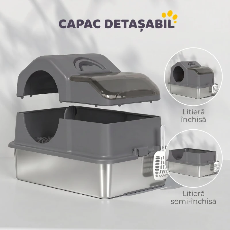 PawHut Litieră Pisici XL Închisă din Oțel Inoxidabil cu Capac, Paletă și Covoraș Colector Nisip, Gri Închis