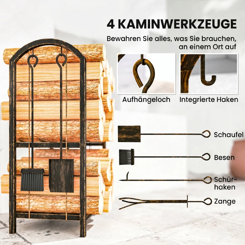 Outsunny Kaminholzregal für innen 43 x 30 x 74cm 2 Ebenen Brennholzregal mit 4 Kaminwerkzeug, Haken
