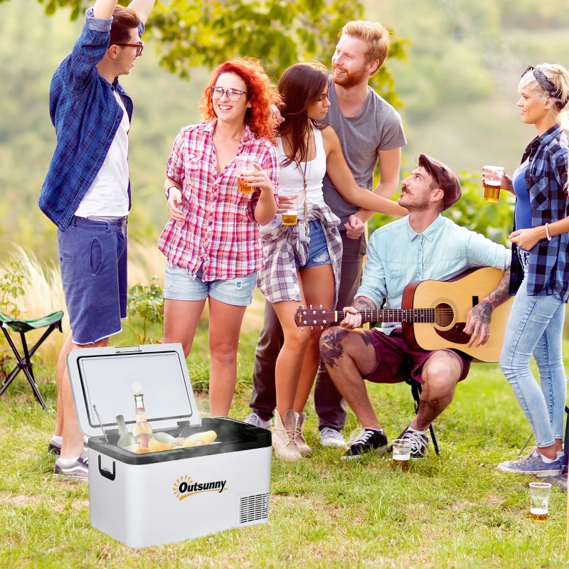Outsunny 12V Car Refrigerator w/ LED Light & Foldable Handles, 25L Portable Compressor Cooler, Fridge Freezer with 12/24V DC and 110-240V AC for Campervan RV Boat Travel
