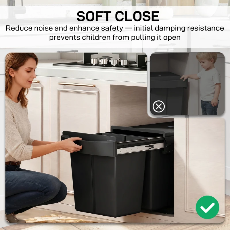 HOMCOM Pull Out Bin, Kitchen Under Sink Bin with 2 Removable Compartments, Smooth Glide, Black