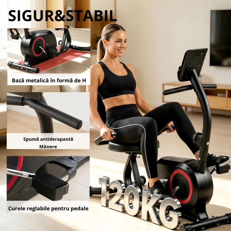 SPORTNOW Ergometru recumbent pentru acasă cu 8 trepte de rezistență reglabilă, frână magnetică, APP, senzor de puls, afișaj LCD, curele pentru picioare
