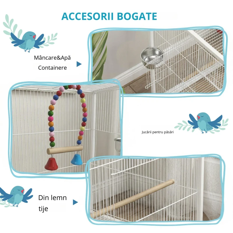 PawHut Colivie pentru Păsări cu Roți cu Hrănitoare Perchii Leagăn și Tăviță Detașabilă 48x46x78 cm Alb