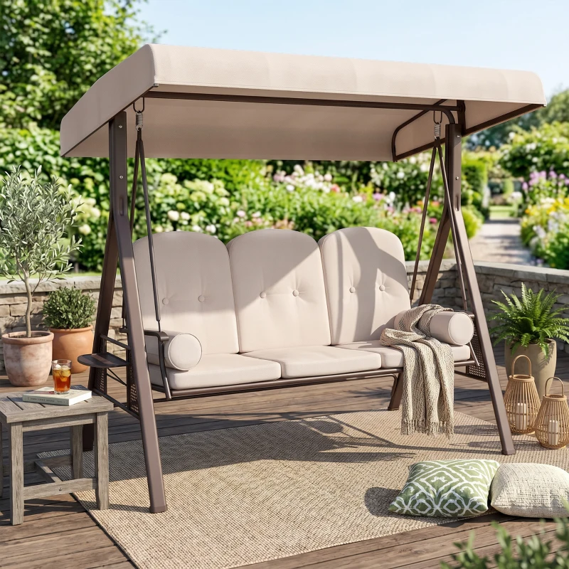 Outsunny Balancelle de Jardin 3 Places Grand Confort Toit Inclinaison réglable Coussins Plateaux rétractables 121x208x172cm beige