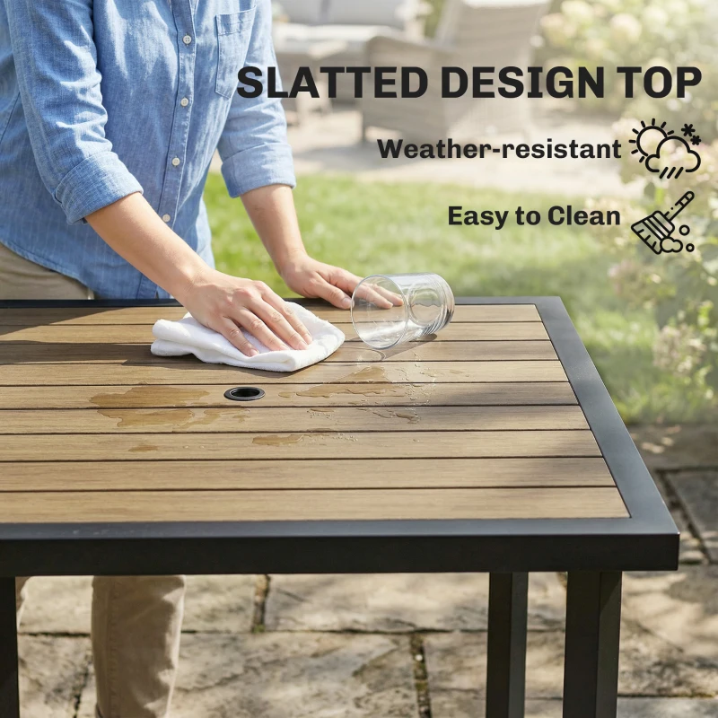 Outsunny Square Garden Dining Table with 5.4cm Parasol Hole, Slatted Top, Metal Frame, 86 x 86 x 71cm, Brown