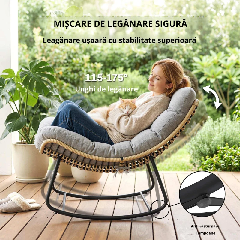 Outsunny Fotoliu balansoar din ratan, șezlong de grădină cu perne groase, balansoar de grădină până la 120 kg, interior/exterior, 87 x 110 x 70 cm, Gri
