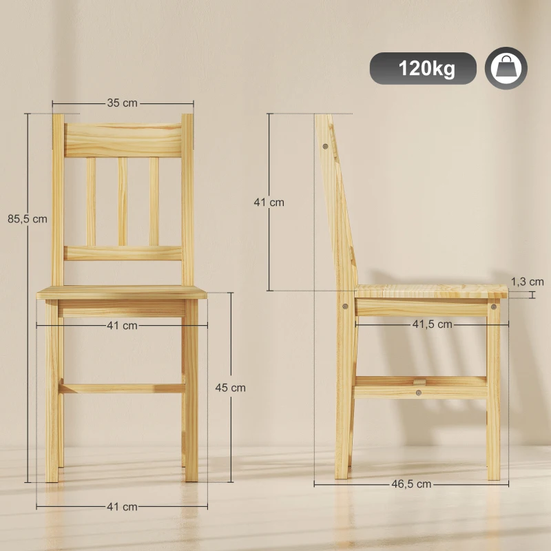 HOMCOM Juego de 2 Sillas de Comedor de Madera Sillas de Cocina con Respaldo de Listones, Asiento Amplio Madera Natural