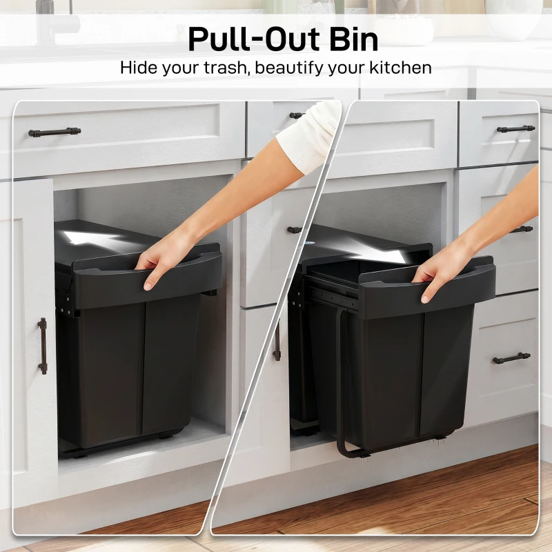 HOMCOM Pull Out Bin, Kitchen Under Sink Bin with 2 Removable Compartments, Smooth Glide, Black