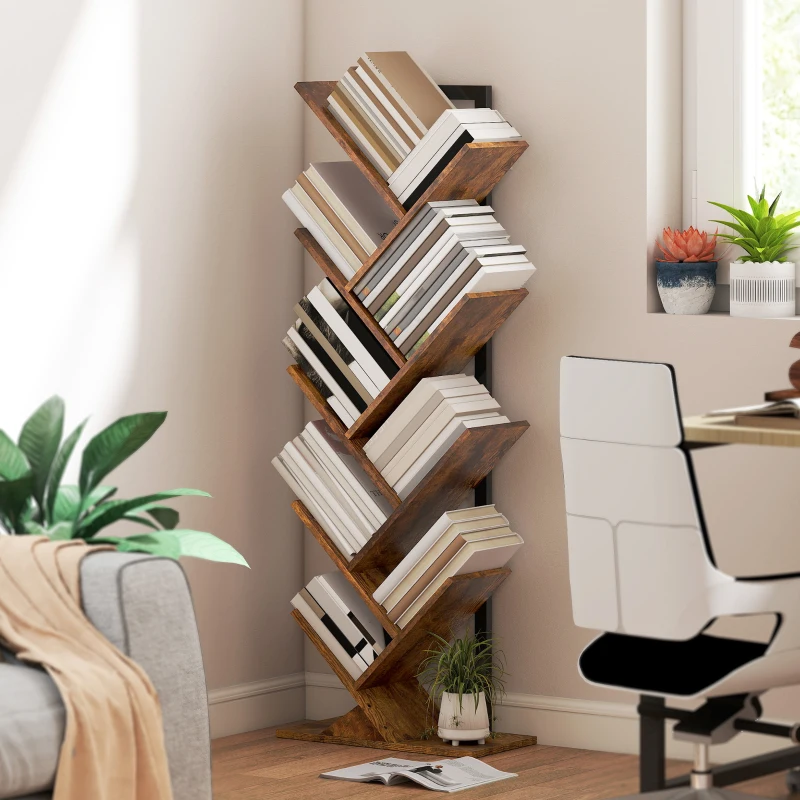 HOMCOM Bibliothèque Arbre à 9 Niveaux, Meuble de Rangement Industriel avec Cadre en Acier, 50x24x136cm, Brun Rustique