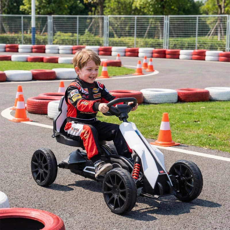 HOMCOM Go Kart Elettrico per Bambini 3-8 Anni, 12V 3-5 km/h, con Cintura di Sicurezza, Capacità 30 kg, Bianco