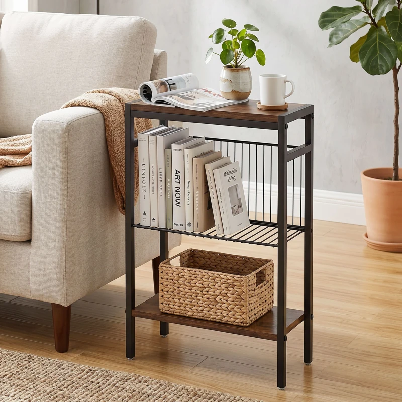 HOMCOM Bijzettafel met 3 planken, kleine nachttafel met metalen frame, rustiek bruin voor de woonkamer