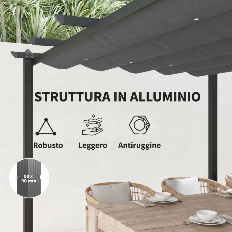 Outsunny Pergola Gazebo 4x3 m con 8 Fori di Drenaggio, in Alluminio, Metallo e Poliestere, Grigio Scuro