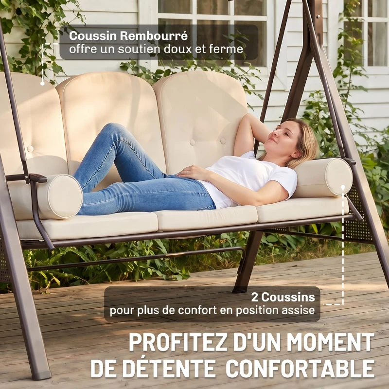 Outsunny Balancelle de Jardin 3 Places Grand Confort Toit Inclinaison réglable Coussins Plateaux rétractables 121x208x172cm beige