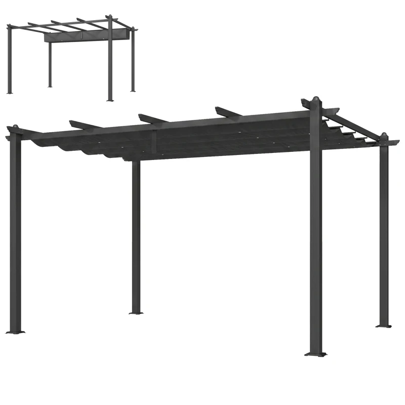 Outsunny Pergola Gazebo 4x3 m con 8 Fori di Drenaggio, in Alluminio, Metallo e Poliestere, Grigio Scuro