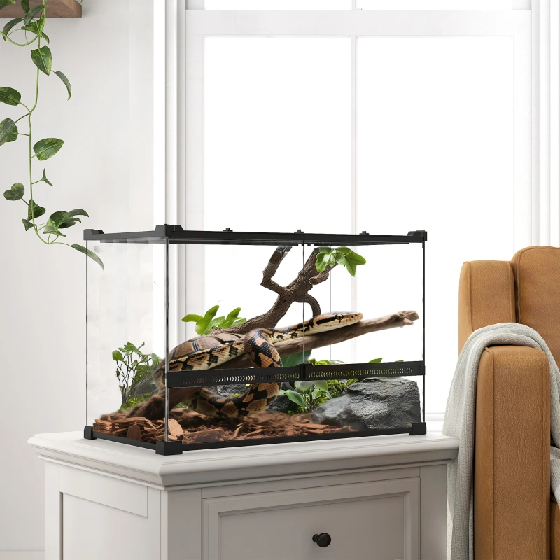 PawHut Boîte à reptiles, boîte d'élevage de reptiles, fermeture sécurisée par rotation, ventilation frontale, 50x30x35cm, noir