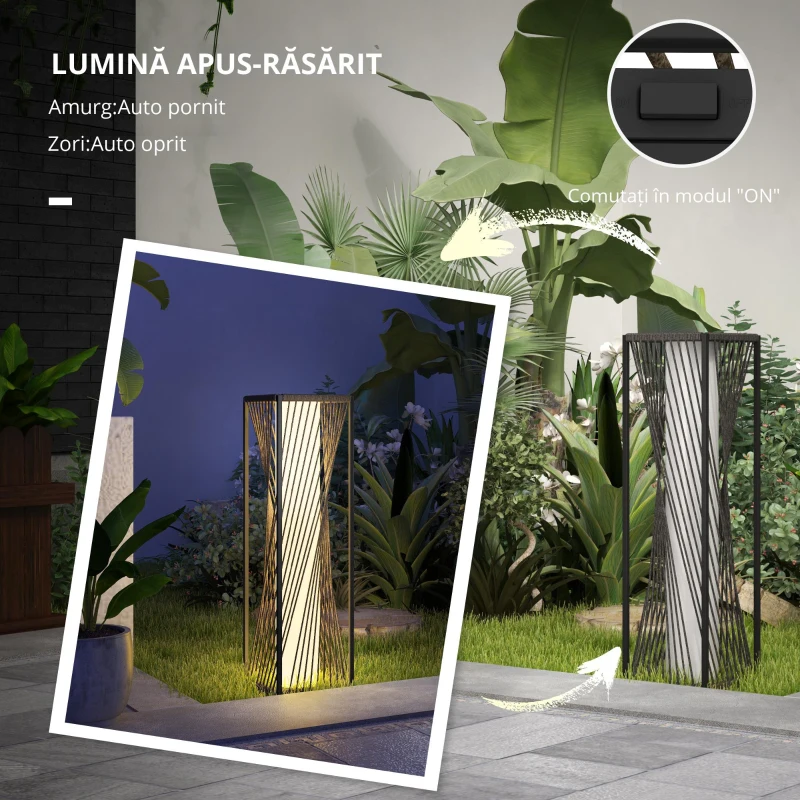 Outsunny Lampă solară în picioare din rattan cu senzor de lumină 25 LED-uri, stil Boho, IP44, rezistentă la stropire, Negru+Gri