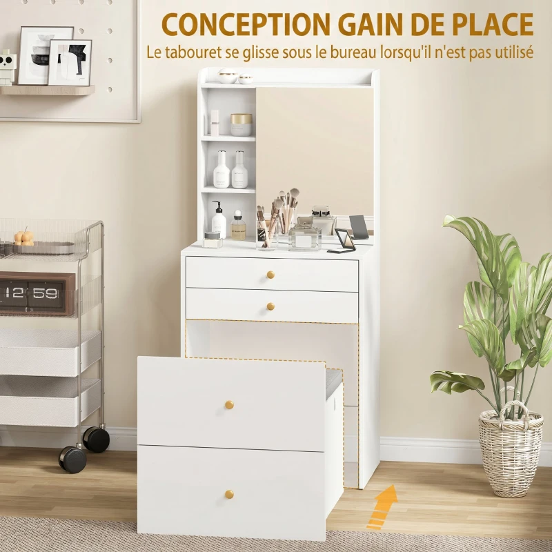 HOMCOM Coiffeuse avec miroir et tabouret de rangement mobile, table de maquillage, tiroirs, placard et étagères ouvertes, blanc