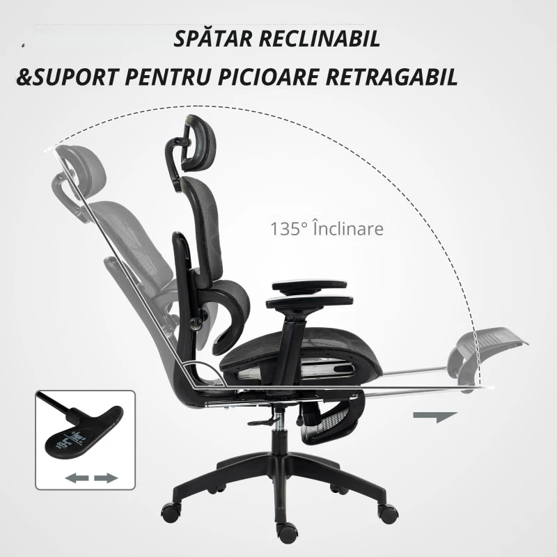 HOMCOM Scaun de birou, scaun de birou ergonomic din plasă cu brațe 3D, spătar inclinabil, 66x64x122 cm, negru