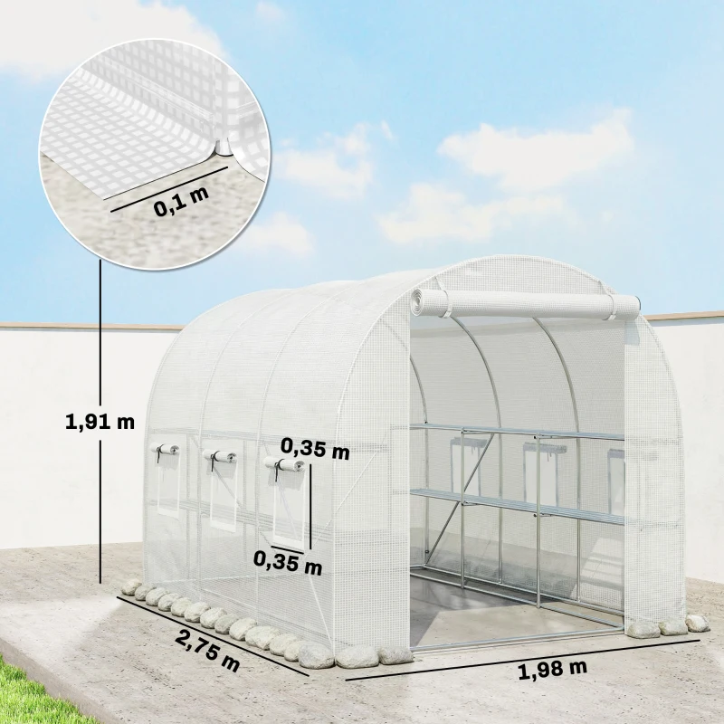 Outsunny Gewächshaus ca. 2,7 x 2 x 2 m Foliengewächshaus mit Regalen Rollbar Reißverschlusstür 6 Netzfenster Stützstangen