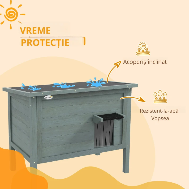 PawHut Casa pentru pisici adăpost de exterior din lemn ridicată cu acoperiș deschis izolată 85 x 50 x 68,5 cm gri închis și negru