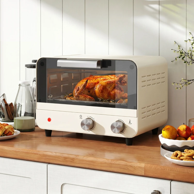HOMCOM Mini Oven, Small Toaster Oven with Glass Door, Adjustable Temperature and Timer, Accessory Included, 750W, Cream White