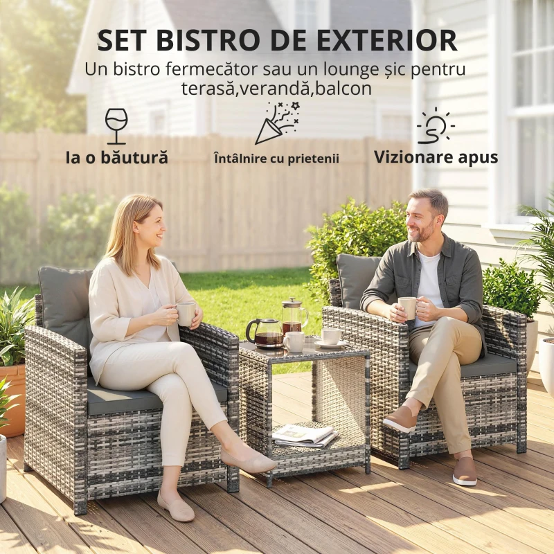 Outsunny Set mobilier exterior 3 piese din rășină împletită, masă și 2 fotolii cu perne, 62x65x75 cm, Gri deschis