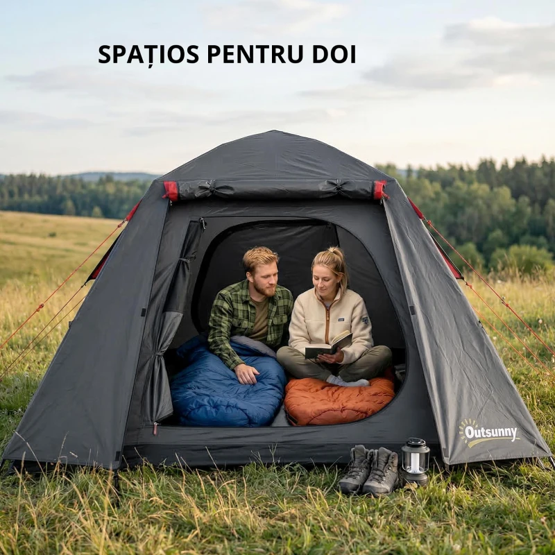 Outsunny Cort camping 2 persoane 3000 mm impermeabil & rezistent la vânt, cort cupolă cu 2 uși, 2 ferestre cu plasă, 2 ferestre laterale, husă de transport